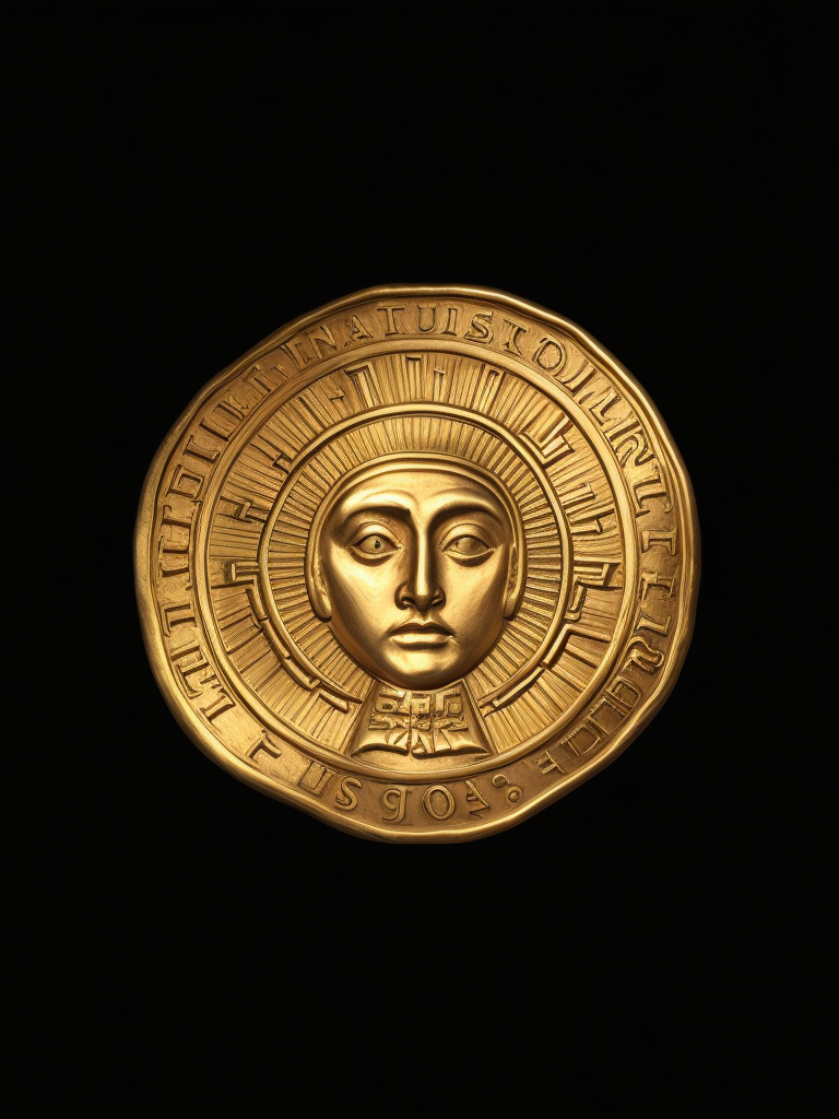 ancient gold carved coin with sun face, deep carved gold