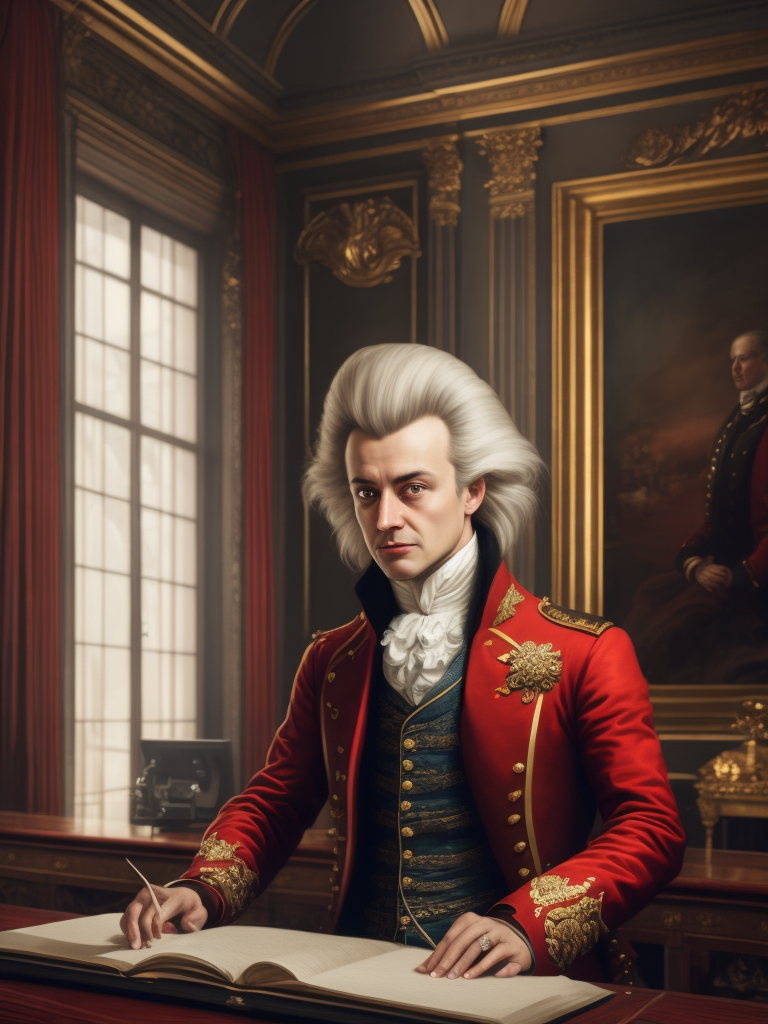 Wolfgang Amadeus Mozart in a 18th century red suit making music on a DJ table, Against the background of the interior of the palace full of guests, studio photo, professional photo, Bright and rich colors, Detailed image, detailed face,