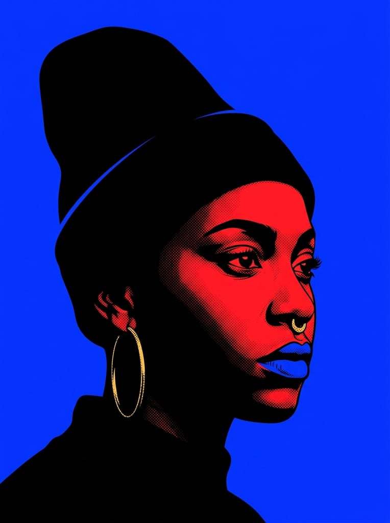 stylized pop-art portrait of a person in three-quarter profile facing right, high-contrast graphic illustration, bright royal blue background, deep black silhouette dominating the form, vivid red highlights illuminating the cheek and nose, striking bright blue lips matching the background, large gold hoop earrings, gold septum nose ring, tall dark beanie, dramatic flat lighting, stippled halftone texture blending the black and red areas, bold vector art aesthetic, minimalist composition, sharp edges, vivid primary color palette, intense expression
