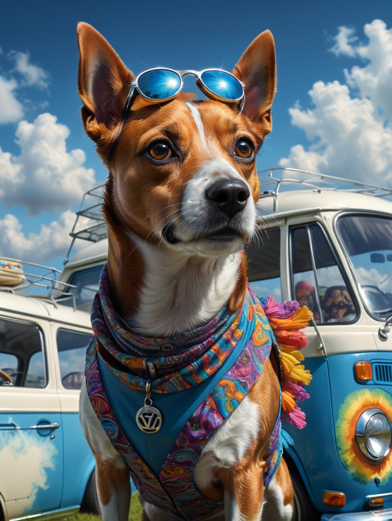 Photorealistic portrait of a jack russell dog in a psychedelic hippie's outfits, realism, a blue and white volkswagen kombi in the background, summer