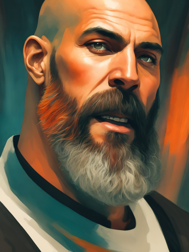 bald man with a beard in bright colors in a graphic style добрый взгляд, контрастный цвет рисованный в стиле комиксов