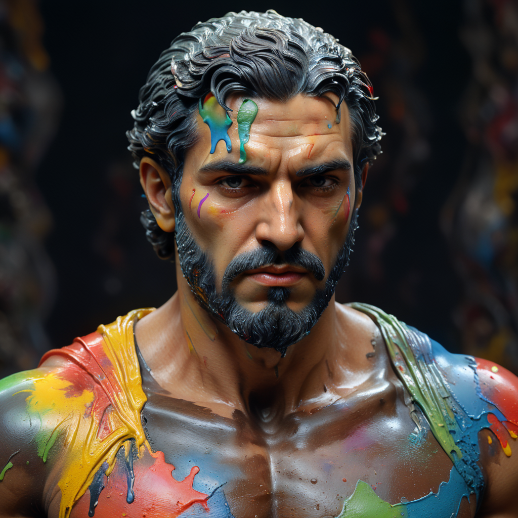 greek male bust with colorful paint, melted, the paint is flowing, aesthetic background