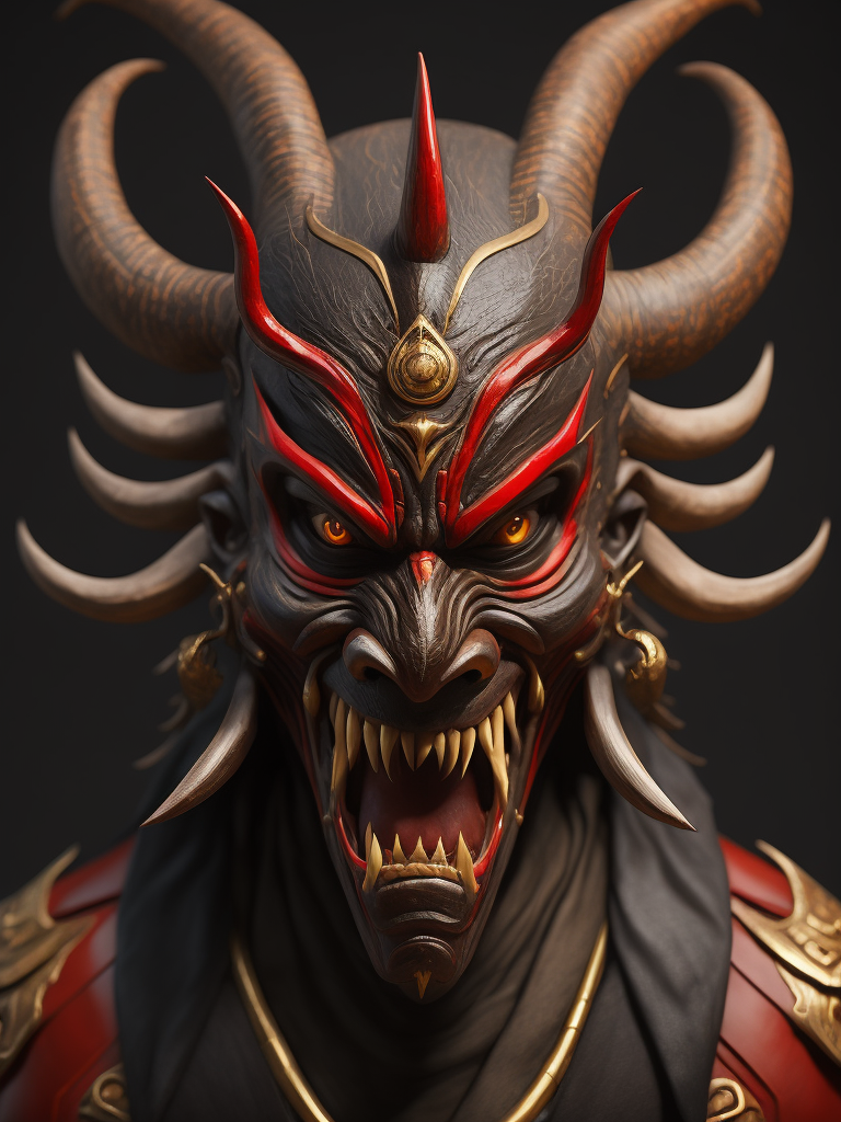 wooden red japanese demon mask with fangs and horns, black background, aggressive, Depth of field, Incredibly high detail