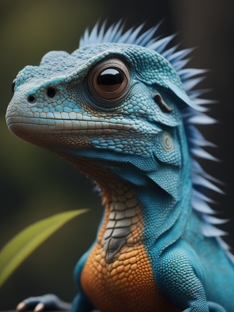 Blue feathered lizard, Vibrant colors, Depth of field, Incredibly high detail, Blurred background