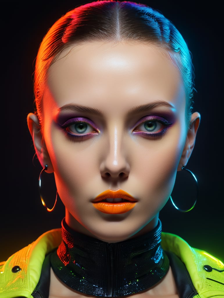 editorial fashion portrait, perfect face, masterpiece, neon colors, style laurie simmons, minimal figures