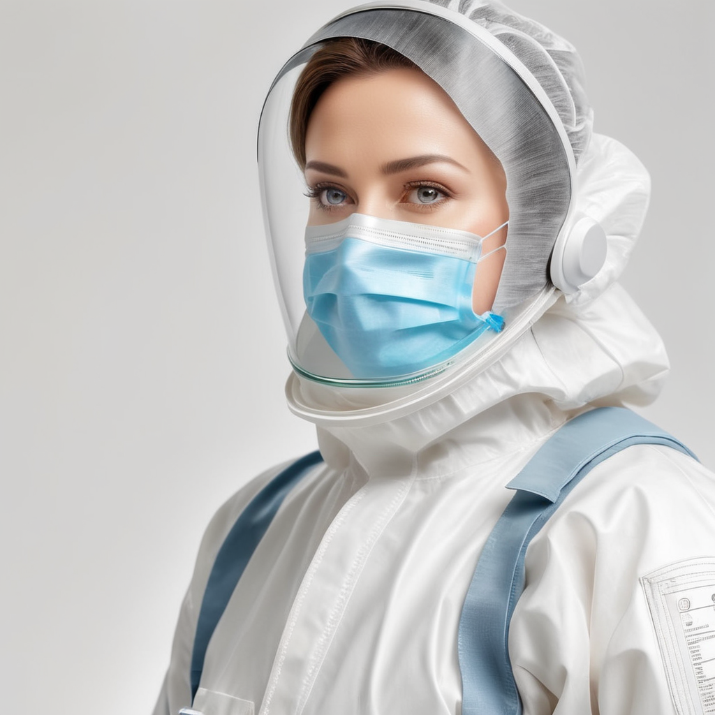 A realistic photo of a women wearing medical protective suit, disposable coveralls with breathable fabric, isolated, white background