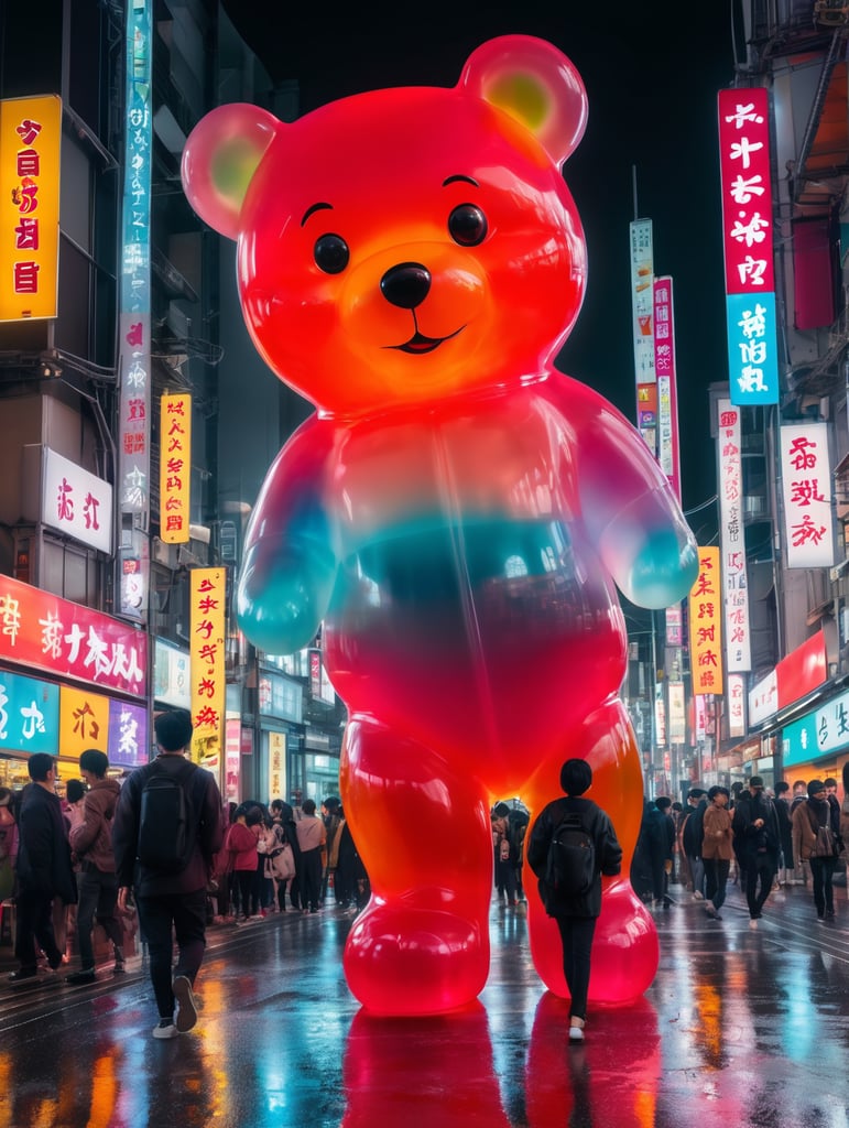 A giant Japanese gummy bear, translucent, 4 stories tall, walking through Tokyo at night, neon rainy city, cyberpunk, techno city