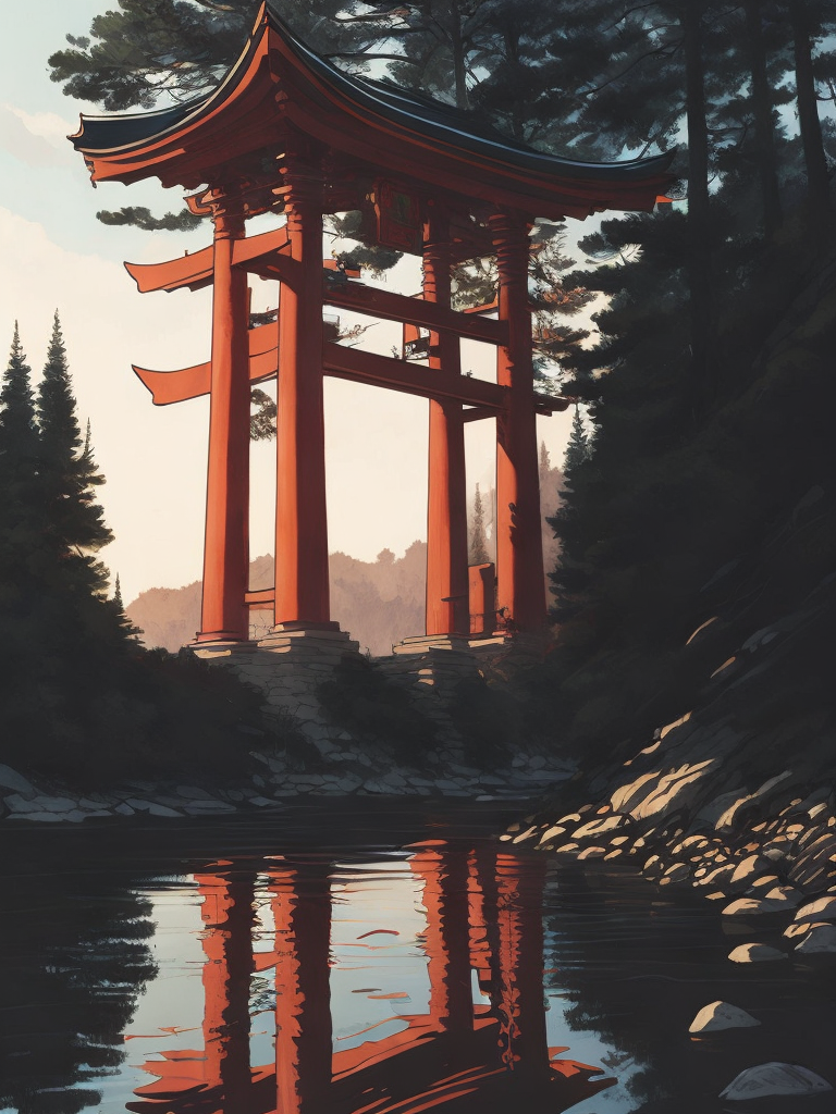 Red torii gate in middle of a lake, Dense forest on the edge of the lake, Bright and saturated colors, Japanese culture, photorealistic, contrast light