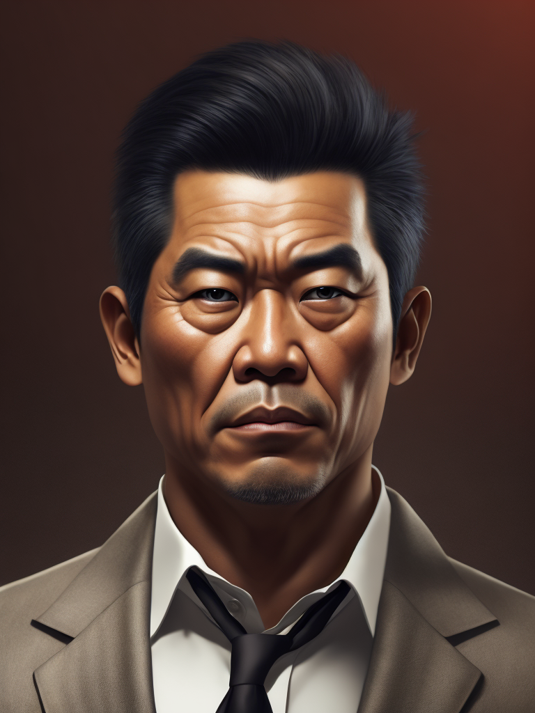 Portrait of a Chinese mafia boss in formal suit, scar on a face