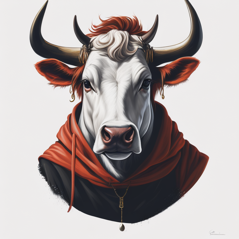 Hip Hop white cow,portrait, in black suite,black hat, vintage style, gentle watercolor style, white isolated background,full face, nose piercing