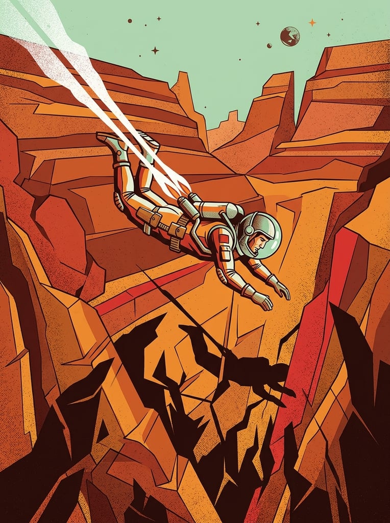 retro sci-fi astronaut diving through geometric terracotta canyons, bubble helmet, twin white vapor trails streaming from boots, angular layered rocks in warm orange and red tones, pale mint green sky, dark jagged silhouettes below, mid-century modern vector art, stippled grain texture, dynamic diagonal composition