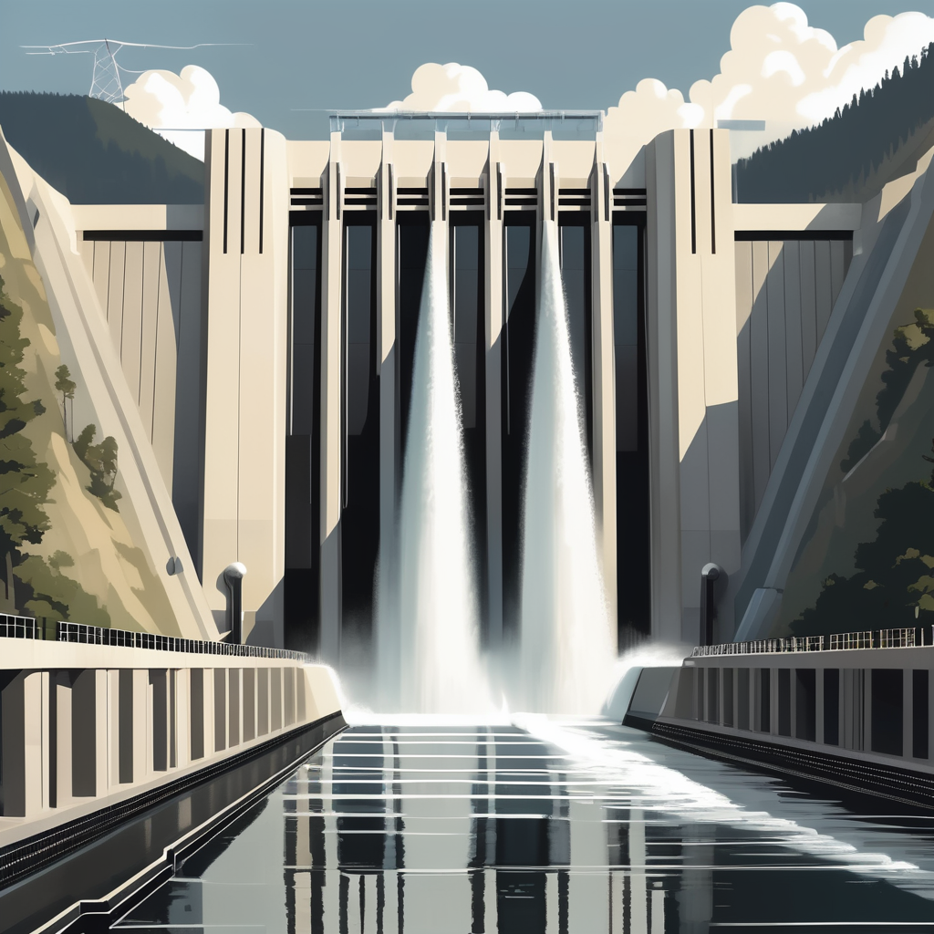 Daniel-Johnson Dam in art deco style with a black and white hydro power plant.