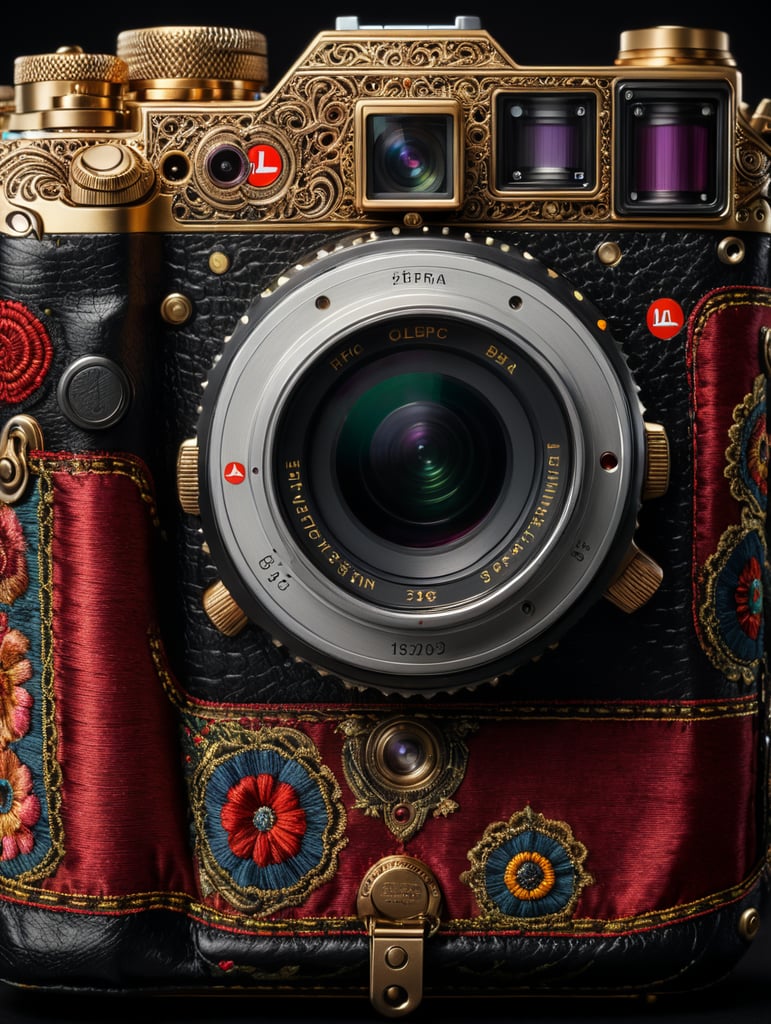 leica camera, decorated with textile, fabric case, isolated, black background