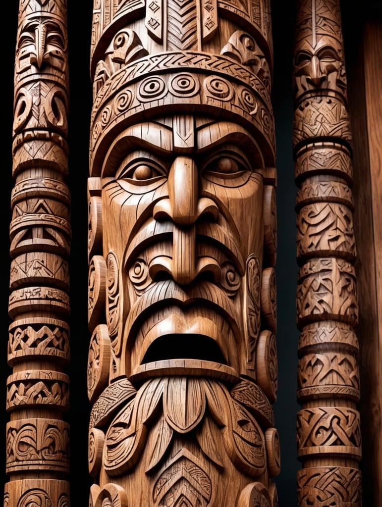 viking's wooden totem pole, viking faces carved, animals carved, traditional ornament around