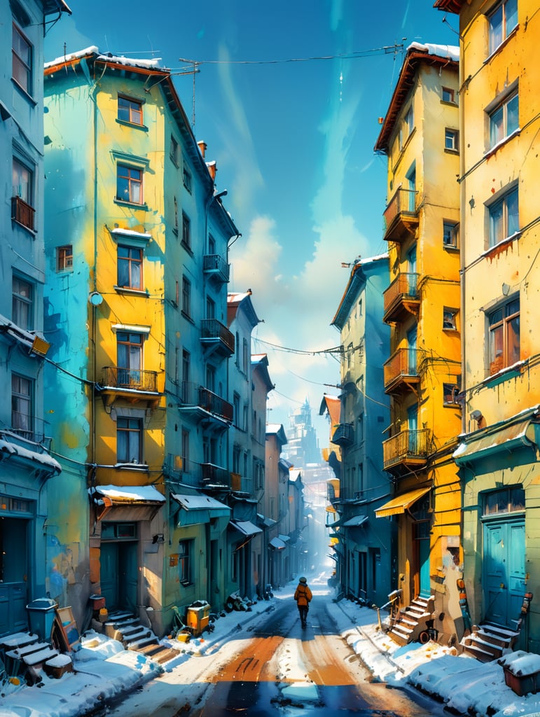 a painting showing children on a snowy Eastern European street, in the style of filip hodas, sky-blue and yellow, sovietwave, elegant cityscapes, aerial view, mort künstler, nikon d850 --ar 64:51