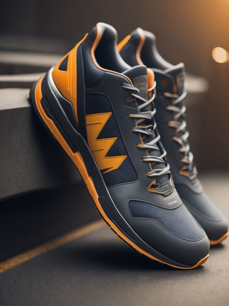 hyper realistic image of hi-tech sports puffy sneakers modern fashion in orange and grey colors, sci-fi, deep atmosphere, saturation, vibrance, sharp on details