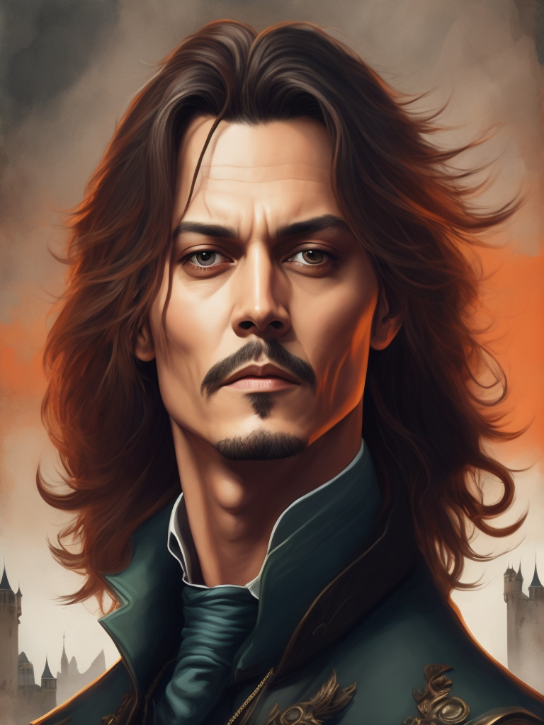 Portrait of Johnny Depp as Count Dracula, majestic look, long hair, mantle, against the backdrop of a medieval castle, detailed background, contrasting light, detailed face, muted tones