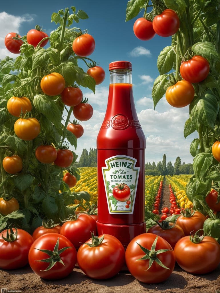several red tomatoes stacked together forming a Heinz ketchup bottle with some leaves around it, beautiful tomato plantation in the background and a blue sky, short grass and yellow flower + yellow flowers + creamy light + ambient lighting + very beautiful colors