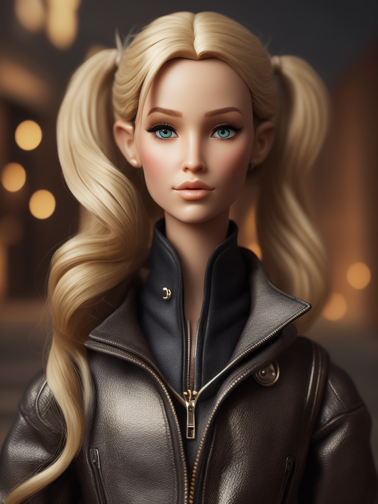 photo realistic blonde barbie doll with two side pigtail in jacket