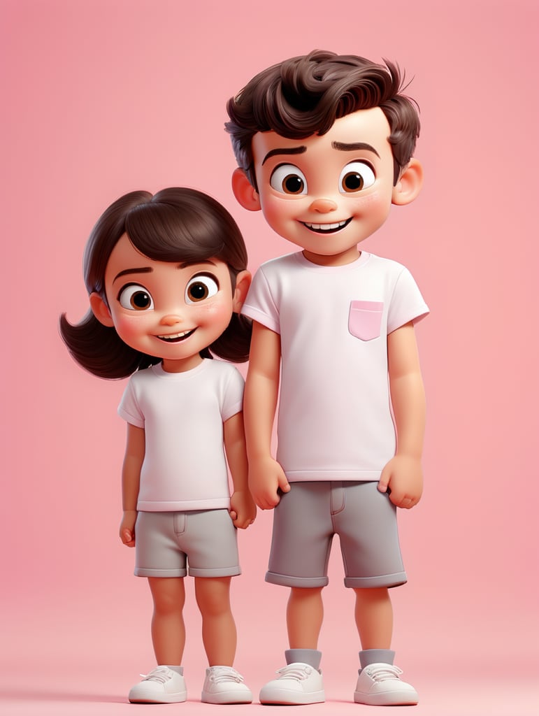 a Little boy and girl wearing white t-shirts, standing in front of pink background, blank shirts no print, 3 years old smiling toddlers, photo for apparel mock-up