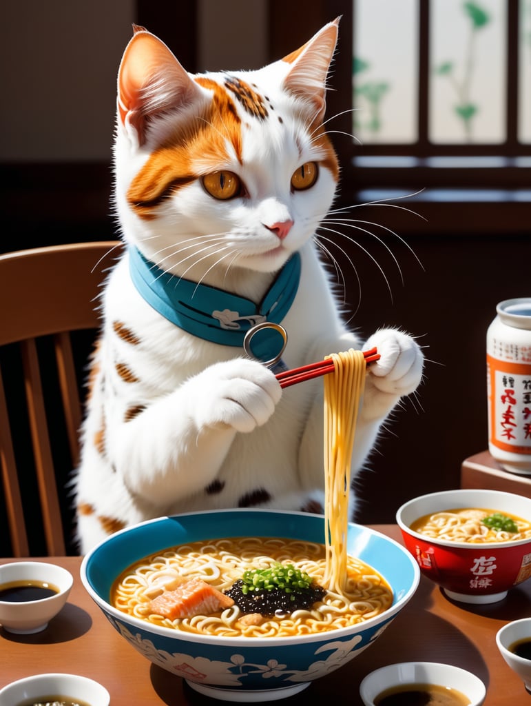 A cute white with brown spots cat eating ramen, illustration by hergé, stunning color scheme, masterpiece, manga style