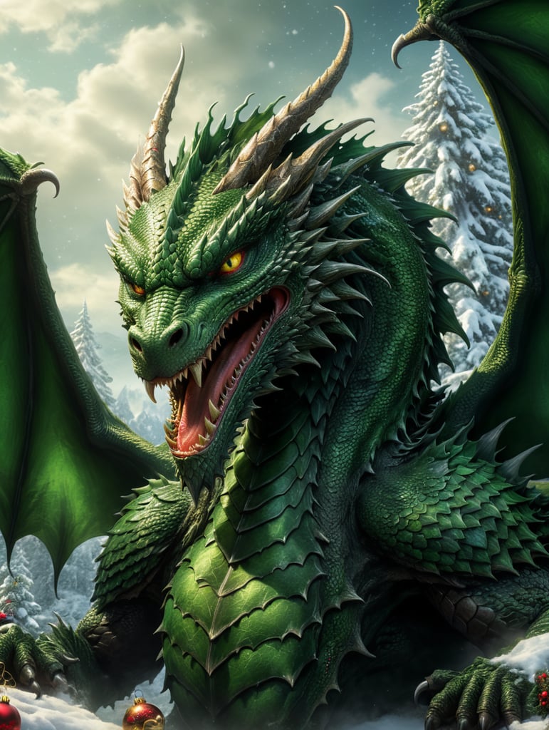 Majestic green dragon, Christmas background