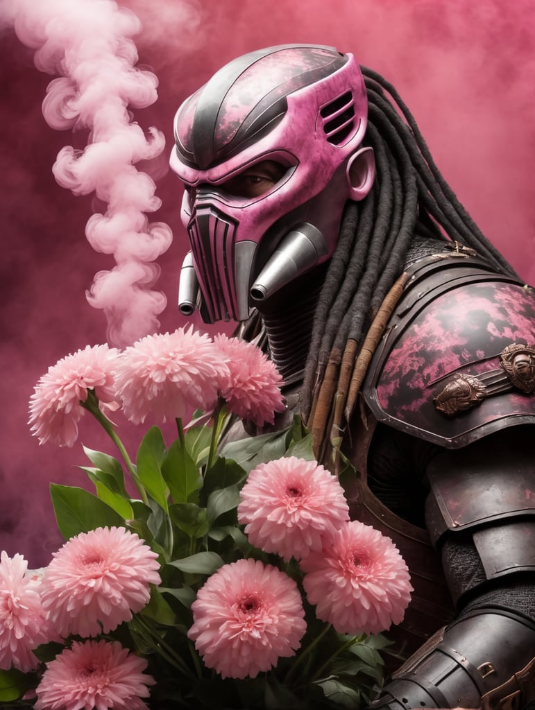 Predator without a mask, old pub, sniffing a large bouquet of flowers, pink smoke background