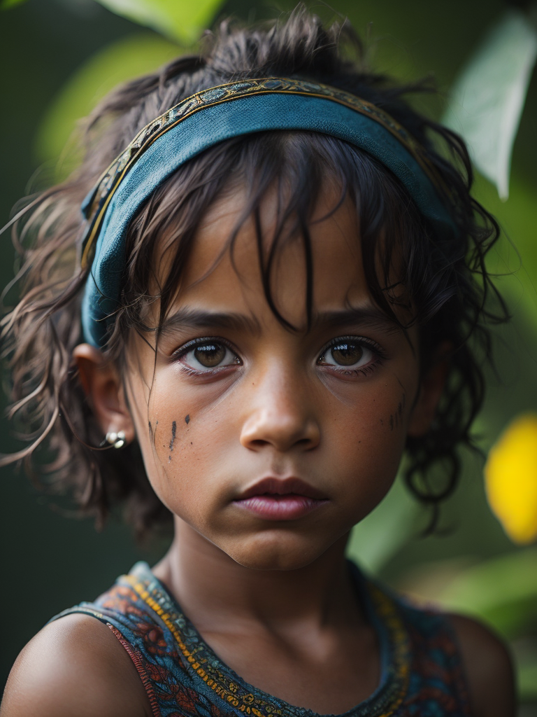 Portrait of an Brazilian amazon child, high definition, photography, cinematic, detailed character portrait, detailed and intricate environment