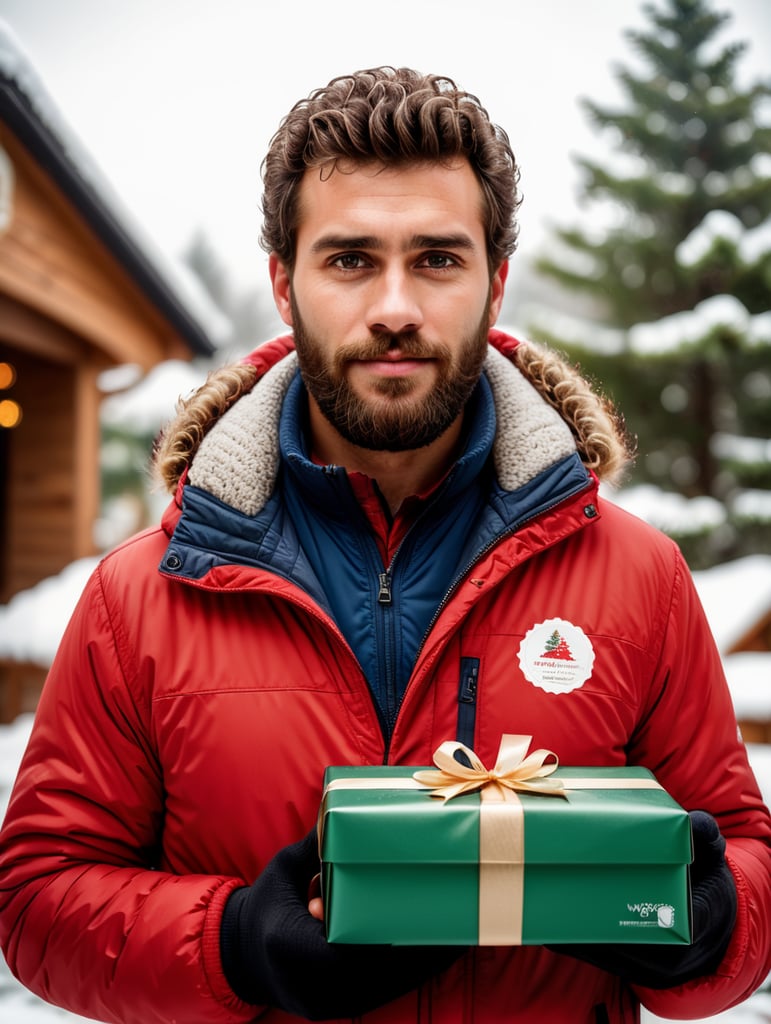 portrait of a bearded curly man wearing red puffer jacket, stands front camera with gift box his hand, snowy weather, Christmas time