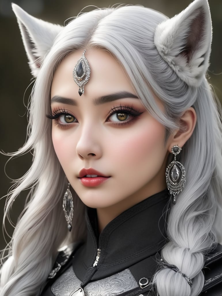 Loona is a hellhound with a wolf-like appearance, She has a pointed, dog-like muzzle with sharp and pointy teeth, and a dark grey nose, Her eyes have red sclera with white irises, and she wears grey eye shadow and black winged eyeliner for makeup, She also has a piercing on her right eyebrow with a black hoop for jewelry, Her fur is white with grey countershading encircling her face, grey patches on her shoulders, and long, voluminous silver hair swept to the side to reveal her dark grey ears - the left of which is pierced with two small, black hoop earrings, while the right is ragged, She has a large, dark grey bushy tail with white on the underside.