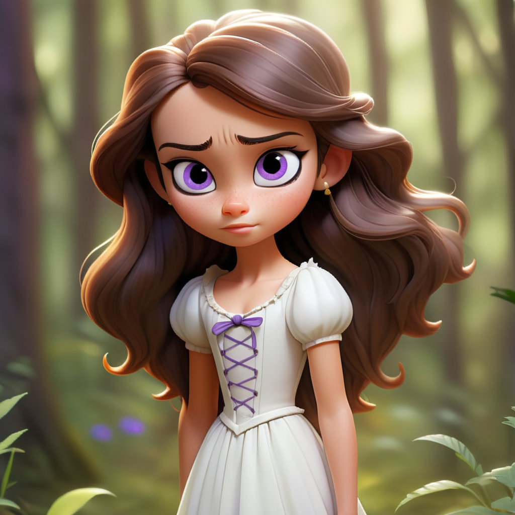 Young teen girl with long dark brown hair, bangs tied back, tanned skin, cat like purple eyes, elfin ears, bushy eyebrows, button nose, small full lips. Wearing a long medieval flowy white dress, standing in a forest.