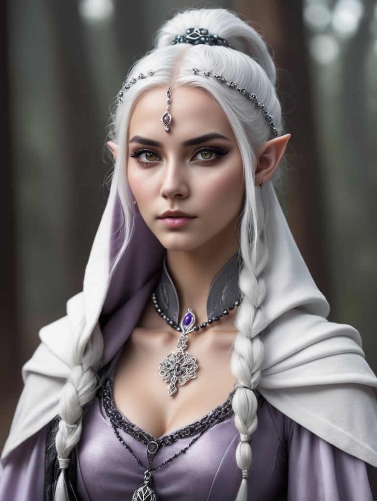beautiful elven woman with ashy light purple skin casting magic , long white hair tied up in a half bun , solid white eyes with no color , black smudged eyeliner , wearing a rosary necklace made of iridescent beads , wearing a hooded cloak , stunning detail , gothic color palate