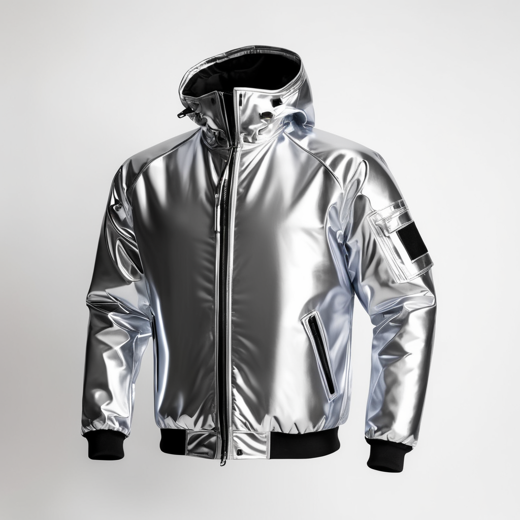 A realistic photo of a chrome shiny jacket, coverall with reflective material, isolated, white background
