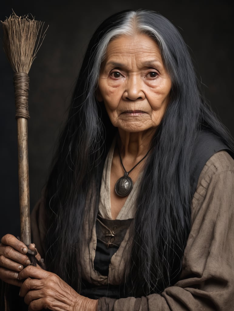 old woman, witch, front-facing portrait, tarnished and dirty clothes, long black hair, holding witchcraft items, Filipina woman, dark background