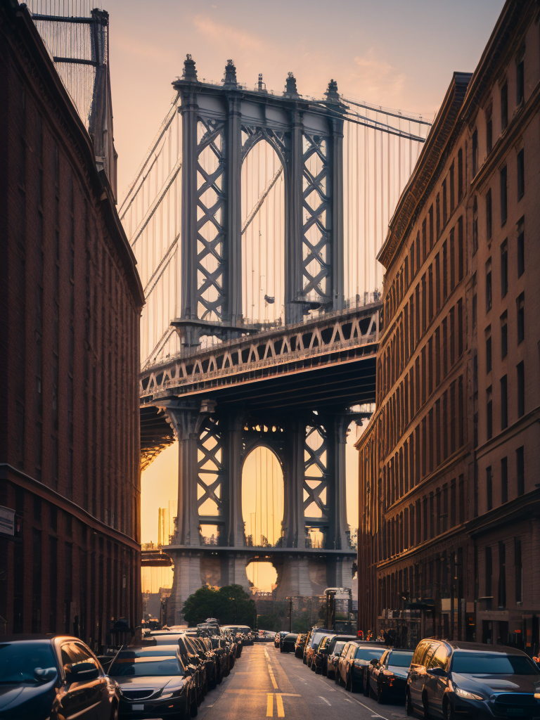 Manhattan bridge view from dumbo, Sunset, High detail, High contrast, Deep rich colors