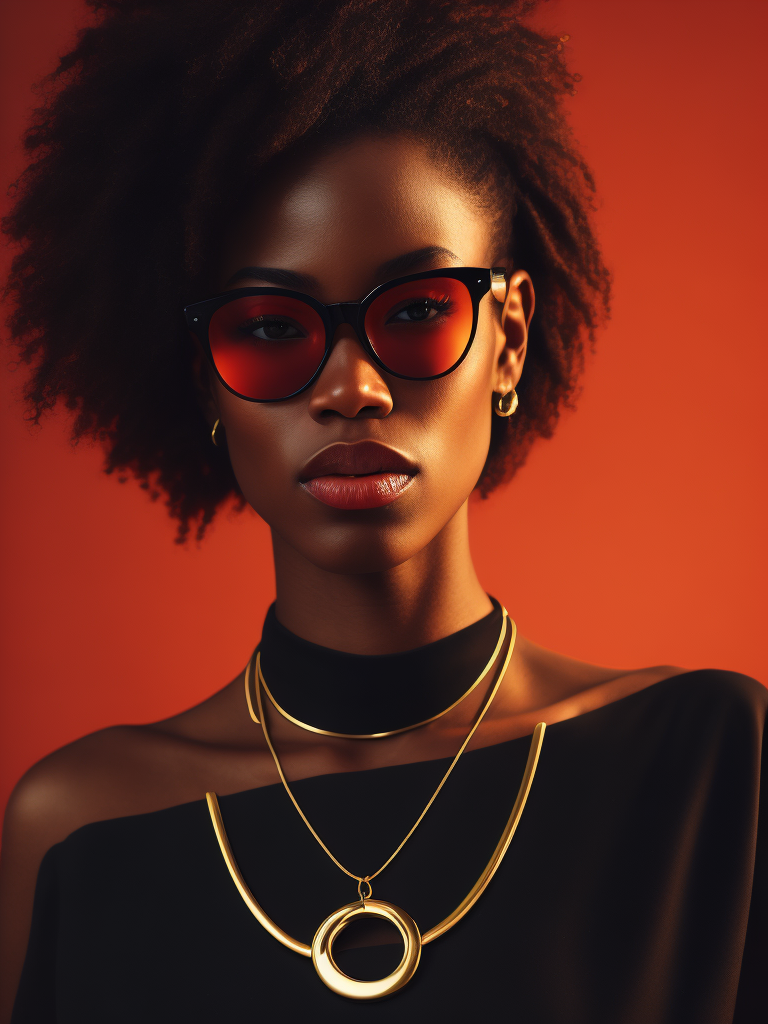 Black female model standing in waist-length black fluid, wearing black fashion dress, red lighting, black sunglasses, thick gold necklace around her neck, short haircut, red-orange background, fashion model, magazine cover, professional shot, magazine photography, bright saturated colors, sharp focus, highly detailed