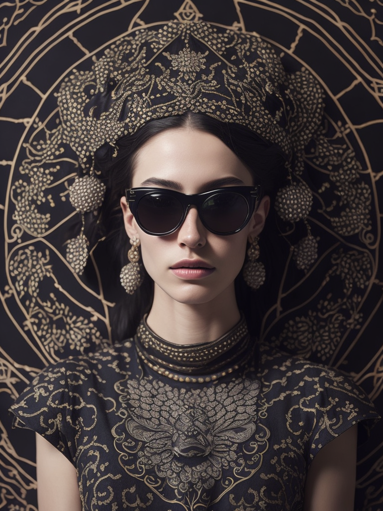 a chromogenic carbon print of a woman wearing a dress of biomorphic turing Morphogenesis made of moth, beetle, orchid, islamic patterns, penrose tiling, arabesques, Girih tiles, lattice, corals, Belousov–Zhabotinsky reaction vortex crown sunglasses, Phyllotaxis headress, pufferfish gloves, Slime mould jewelry, Meanders silver belt ornament, photograph in the style of William Eggleston, Marie Cosindas, Carolina Mizrahi, Sarah Moon,