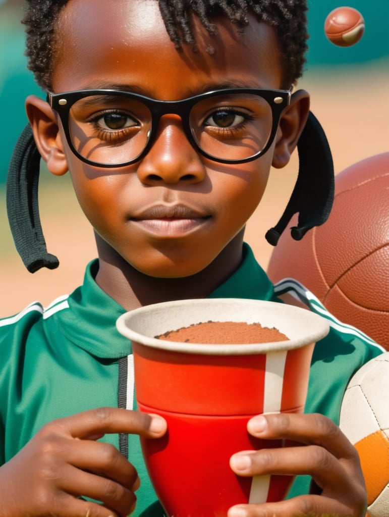 Show picture showing a black boy playing football in Africa