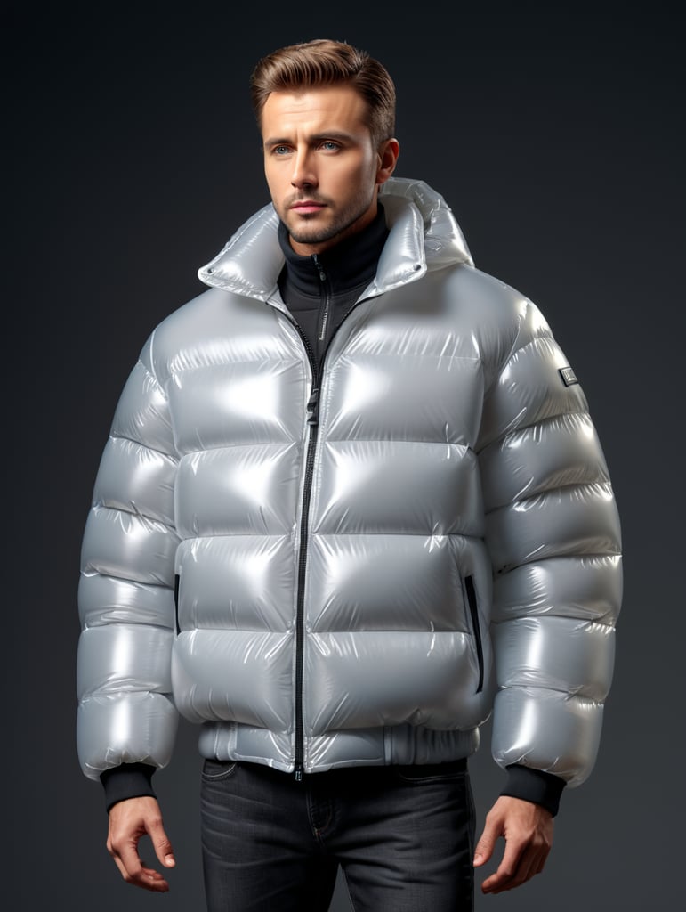 Inflatable white minimalist man's puffer jacket, transparent, isolated, grey background, mockup