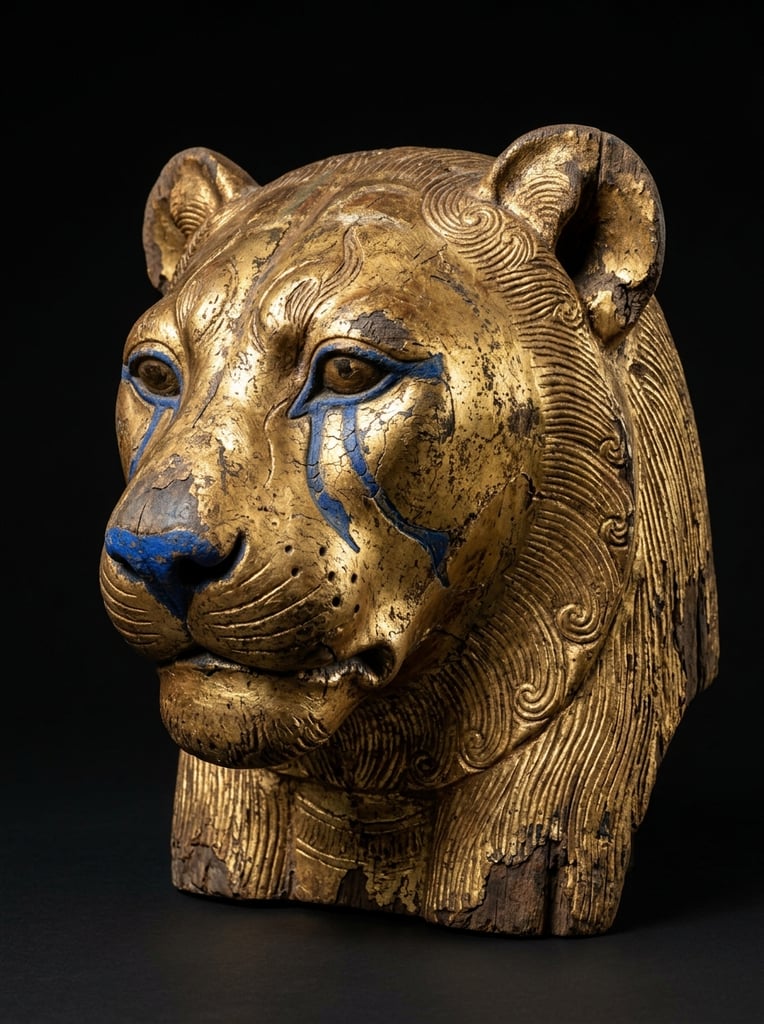 close-up three-quarter profile of an ancient gilded lioness head sculpture, solid black background, weathered metallic gold surface, fine carved lines simulating fur, vivid cobalt blue painted nose, stylized blue teardrop markings around the eyes, rounded ears, cracked gold leaf revealing dark wood underneath, dramatic studio lighting emphasizing rich textures, reflective metallic sheen, high contrast