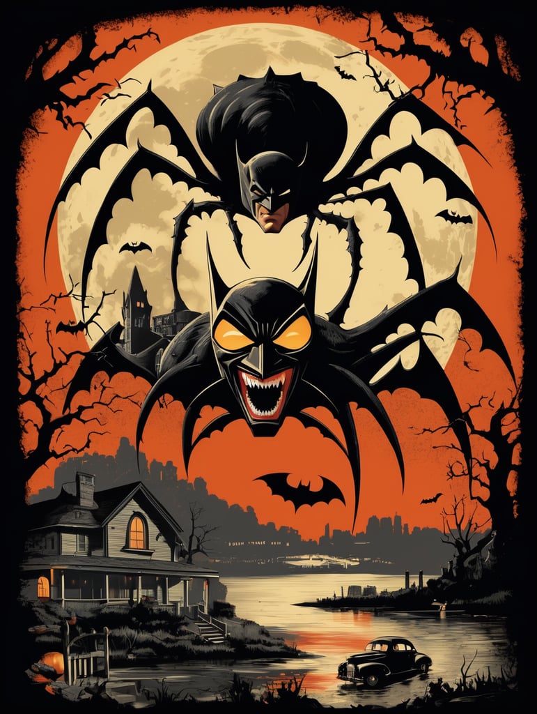 1950's b-movie horror halloween t-shirt print design featuring a giant batman