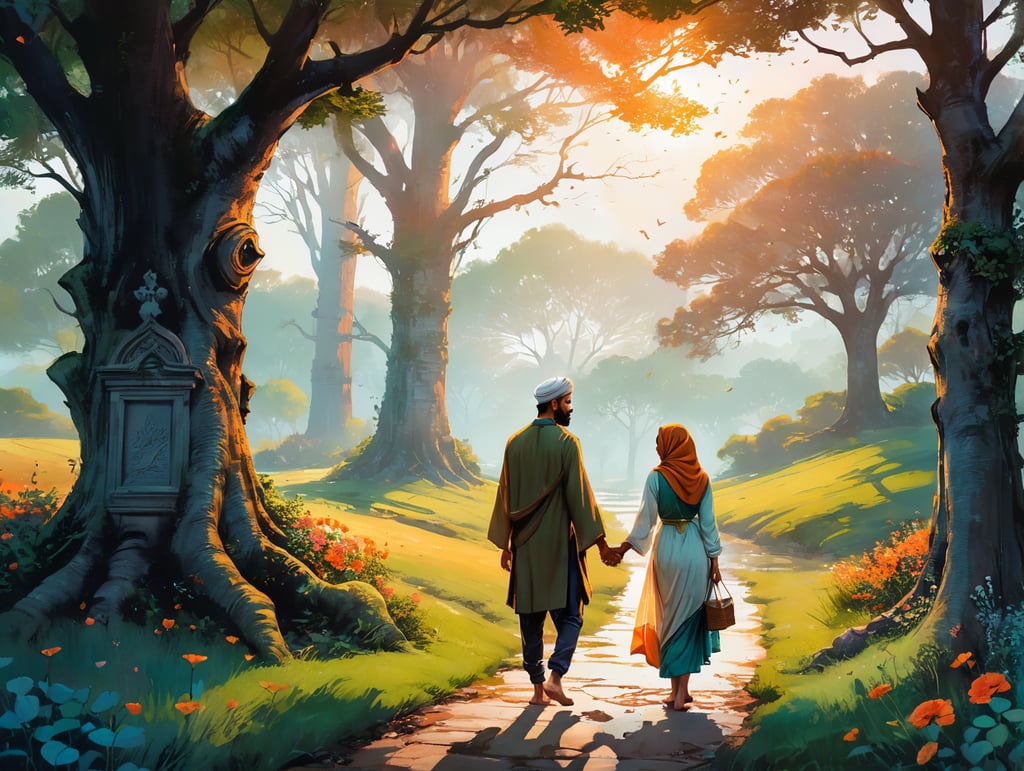 In a serene, sunlit garden, muslim couple stand beneath a towering oak tree. They face each other, holding hands, their eyes filled with deep affection. Around them, vibrant flowers and lush greenery symbolize growth and life. On the ground, an open Bible rests, its pages gently rustling in the breeze. This one frame scene encapsulates a love story rooted in faith, where love and spirituality intertwine, giving strength and depth to their connection.
