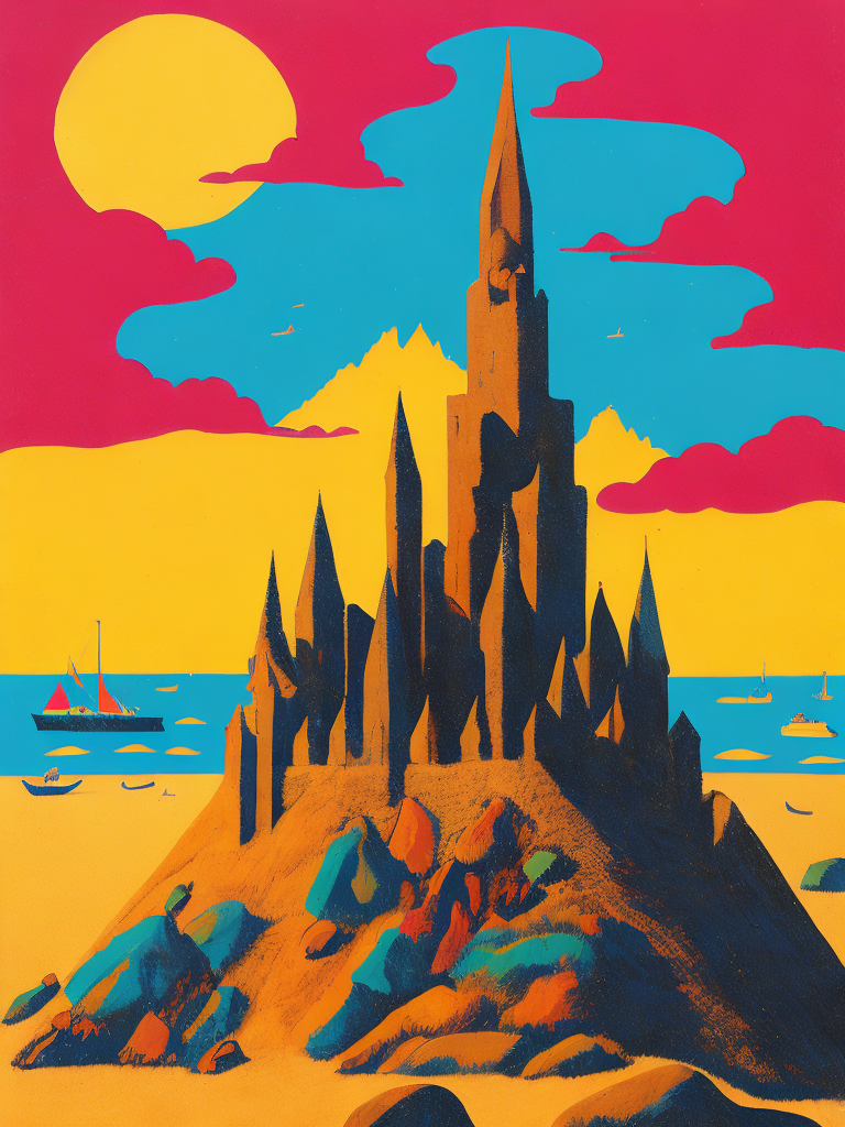 George Wilson's artwork is a colorful illustration of a sand castle against a bright sky, drawn on pulp paper.