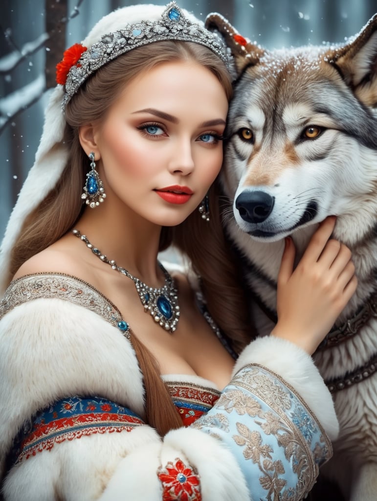 Portrait of a Beautiful women from Russian fairytale wearing traditional costume hugging a wolf