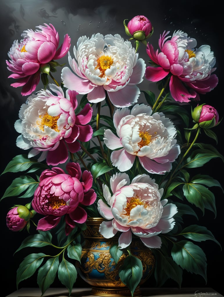 пионы в стиле Сальвадора Дали. картина маслом, неоновые всполохи белый фон