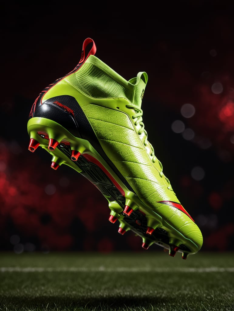 Completely black football boots and a red background