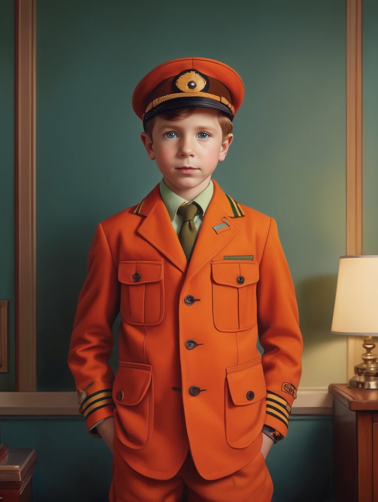 Portrait of child, Wes Anderson style, Incredibly high detail, Bright colors