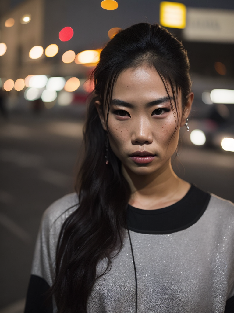 young Asian female street racing enthusiast, freckles, fashion, American muscle cars, in street race meet in LA, in the style of Hiphop art sensibilities, muscle cars, tattoos, drugcore, delicacy of touch, caffenol developing, letterboxing, coloured lights, Sacha Goldberger, psychedelic realism, ultra detailed, gloomy metropolises, mallgoth