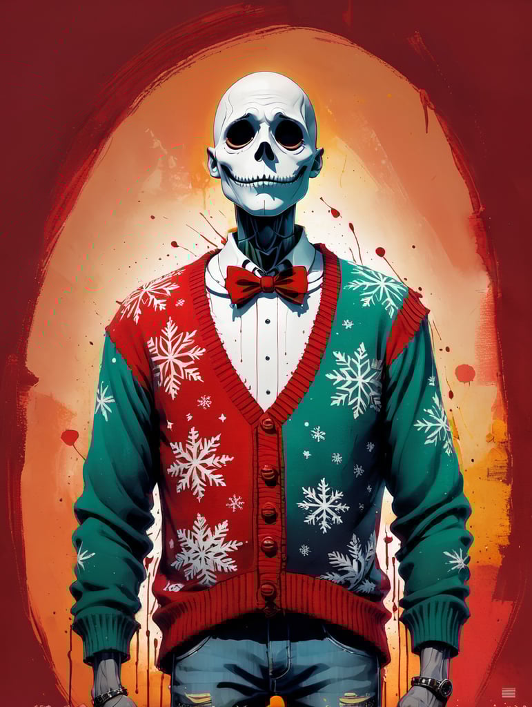 Jack Skellington standing wearing an ugly Christmas sweater red background