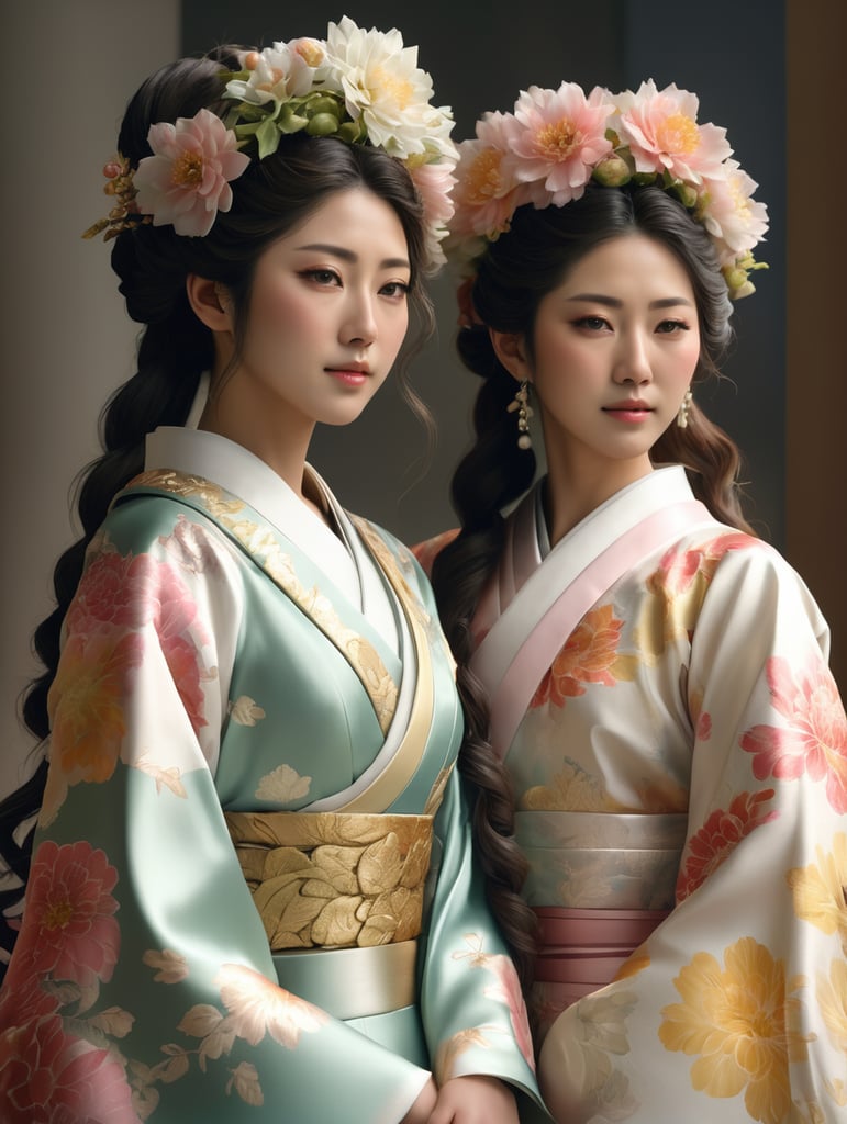 foto setengah badan dua perempuan jepang dengan pakaian seperti ratu bunga,pria memiliki rambut sedikit keriting, epic details, realistic, raytracing, photorealistic, realistic human photo, ultra realistic, masterpiece